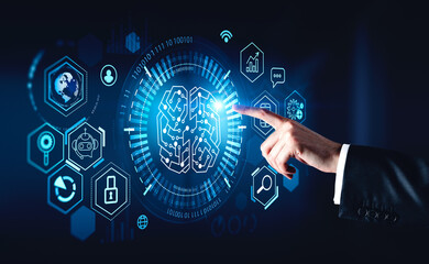 Poster - Businessman wearing formal suit is touching digital interface with finger