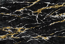 Luxurious Abstract Background, Black Marble With White And Golden Veins, Artificial Stone Texture