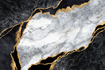 Wall Mural - abstract background, black and white marble with golden veins, artificial stone texture, modern wall