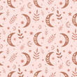Floral Boho moon seamless pattern with leaves and stars in earthy brown over  light cream  background . Great for textile, home décor, fabric and wrapping paper