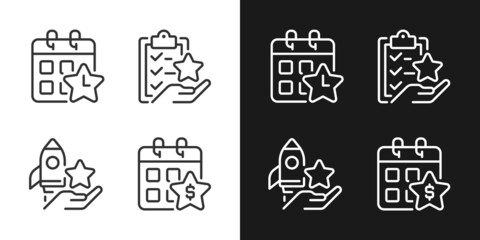 Employee bonus program pixel perfect linear icons set for dark, light mode. Workplace incentive. Time off reward. Thin line symbols for night, day theme. Isolated illustrations. Editable stroke