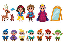 Fairy Tale Character Set With Princess, Prince, Evil Queen And Seven Dwarfs. Vector Illustration For Kids
