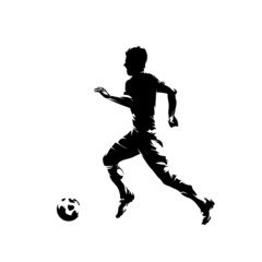 Poster - Football player running with ball, isolated vector silhouette, side view. Soccer, team sport athlete. Footballer logo