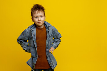 Cute, beautiful, cheerful, blond, blue-eyed boy 6-7 years old, dressed in a stylish brown T-shirt and denim shirt, looking at the camera, isolated against a yellow wall, studio portrait of a child