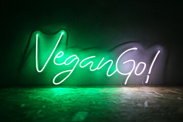 Wall Mural - Green and white neon sign VeganGo. Trendy style. Neon sign. Custom neon. Home decor.