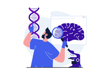 Aufkleber - Science research modern flat concept for web banner design. Man studies dna molecule and examines brain with magnifier, makes neurobiology experiment. Illustration with isolated people scene