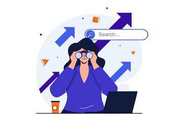 Poster - Searching for opportunities modern flat concept for web banner design. Woman looking binoculars and reaching new career goals, leadership and business. Illustration with isolated people scene