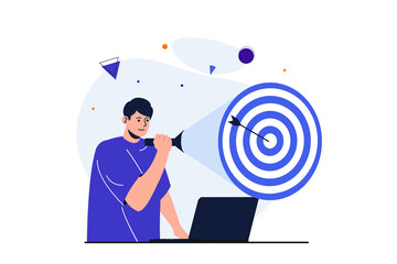 Aufkleber - Searching for opportunities modern flat concept for web banner design. Man shines flashlight at target and hits bullseye, achieves goals and leadership. Illustration with isolated people scene