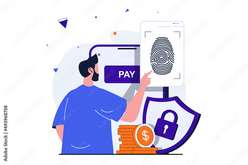 Secure payment modern flat concept for web banner design. Man makes ...