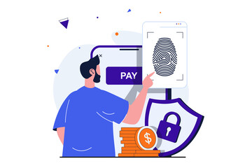 Poster - Secure payment modern flat concept for web banner design. Man makes online payment confirming his identity with fingerprint. Protection of transactions. Illustration with isolated people scene