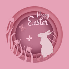 Happy Easter. Festive Rabbit On A Pink Background.
Greeting Card Template In Paper Art Style. Vector Illustration.