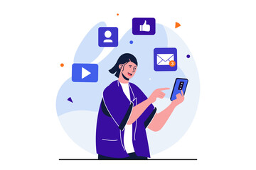 Aufkleber - Social media marketing modern flat concept for web banner design. Woman manages blog using mobile app, publishes content and makes promotional posts. Illustration with isolated people scene