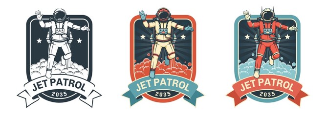 Wall Mural - Retro space badge with astronaut taking off in spacesuit. Spaceman with jetpack - vintage logo. Vector image.