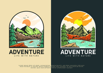 Wall Mural - wild nature river and mountain logo illustration, artwork for t-shirt print