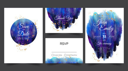 Wall Mural - Wedding invitation cards watercolor textures and fake gold splashes for a luxurious touch
