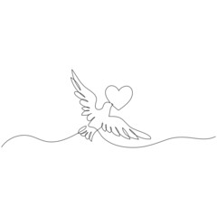 Wall Mural - Flying dove with heart symbolizing peace and love. Continuous one line drawing. Minimalistic line art.