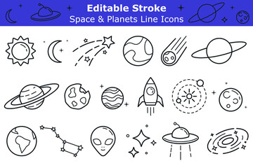 Wall Mural - Space and planets line icons set with editable stroke. Astronomy pictograms pack. UFO, sun, rocket, comet simple symbols pack