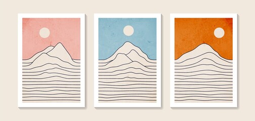 Wall Mural - Mountain wall art set. Vector line art landscapes backgrounds set with moon or sun. Abstract arts design for wall framed prints, poster, cover, home decor, canvas prints, wallpaper.