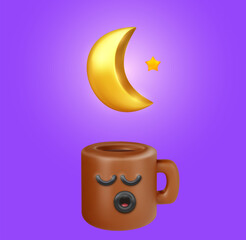 Funny kawaii style coffee or tea cup with moon and star. Realistic cute cartoon character. Trendy 3d vector illustration. Creative design element on simple background. Food concept art.