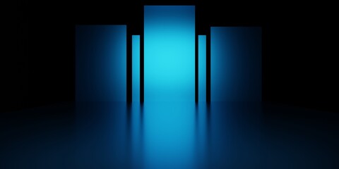3d rendering of blue abstract spaceship corridor with neon glowing. Cyberpunk concept. Scene for advertising, showroom, technology, future, modern, interior, tunnel. Sci-Fi futuristic Illustration