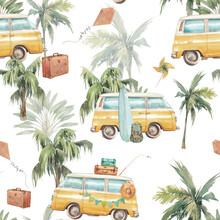 Travel Seamless Pattern With Track, Jungle And Suitcase. Watercolor Cartoon Repeating Design. Surfing Digital Paper