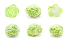 Set Of Fresh Cabbages With Droplets Of Water Isolated On White Background.,