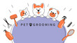 Pet grooming. Cartoon dogs and cat with different tools for animal hair grooming, haircuts, bathing, hygiene. Vector illustration for pet care salon.
