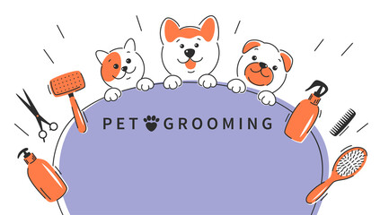 Pet grooming. Cartoon dogs and cat with different tools for animal hair grooming, haircuts, bathing, hygiene. Vector illustration for pet care salon.