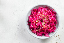 Fermented Spicy Beetroot Cabbage Sauerkraut. Top View, Copy Space.