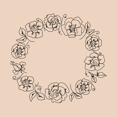 Wall Mural - Rose continuous line wedding wreath, outline sketch style vector abstract art.