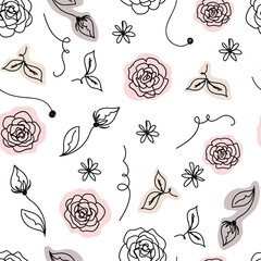 Wall Mural - Seamless pattern Rose continuous line  outline sketch style vector abstract art.