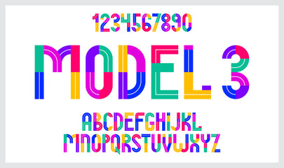 Poster - Children colorful geometric font vector alphabet, kid play game typeset, original letters can be used for logo creation, uppercase and numbers.