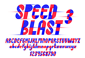 Poster - Speed blast sport style font, vector geometric futuristic alphabet, numbers included, 90s style technology typeface, useful for logo creation.
