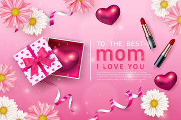 Wall Mural - Happy mother's day daisty flower 3D red pink love heart cosmetic lipstic and present gift box with ribbon