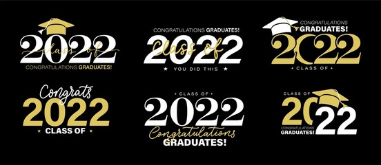 Wall Mural - Class of 2022 vector badges set. Congrats graduates concept. Black, gold and white graduation logo collection. Stock vector for shirts, prints, cards, invitations, seal or stamp.