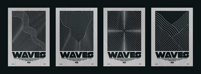 Wall Mural - Collection of modern abstract posters with optical waves. In techno style, psychedelic design, prints for T-shirts and hoodies. Isolated on black background