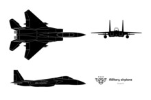 Black Silhouette Of Military Airplane. Top, Side, Front View Of Aircraft. Isolated Warcraft. USA Army Plane. Jet Fighter Industry Blueprint. War Aviation Drawing. Vector Illustrator