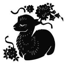 Graphic Silhouette Of A Sleeping Sheep In The Bushes