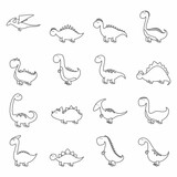 Fototapeta Dinusie - Dinosaur set with 16 silhouettes of reptiles. Vector illustration outlined funny dinosaurs isolated