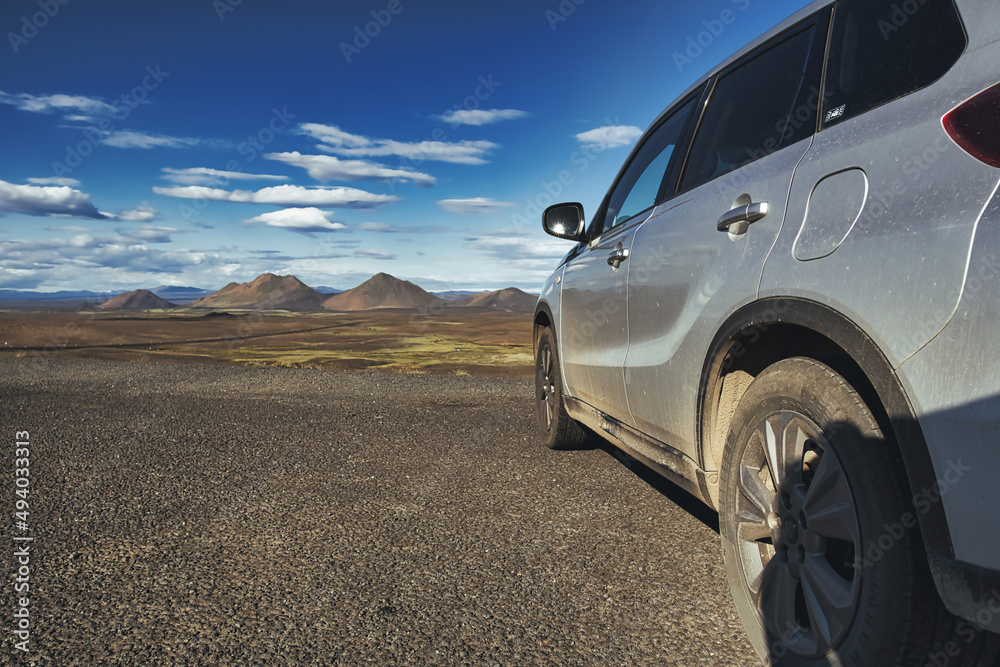 iceland road trip car, blue sky and highlands car, beautiful highland landscape in iceland