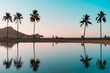 Silhouettes of palm trees with reflection in the water.
