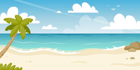 Paradise tropical beach panorama. Cartoon horizontal sea coast with palm. Summer azure seascape.