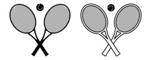 Tennis Rackets Icon On White Background. Tennis Rackets And Ball. Vector Black Silhouette.