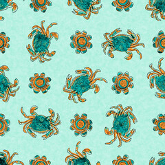 Coral teal shoal of fish linen wash nautical background. Summer coastal style fabric swatches. Under the sea life tropical fishes material. 2 tone green reef dyed textile seamless pattern.