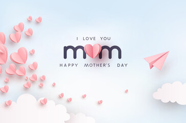 Wall Mural - Mother's day postcard with paper flying elements and plane on blue sky background. Vector pink symbols of love in shape of heart, airplane for mum greeting card design