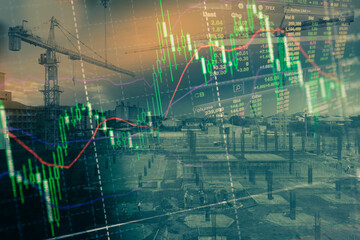 Wall Mural - Financial investment concept, Double exposure of city night and stack of coins for finance investor, Forex trading candlestick chart, Cryptocurrency Digital economy. background for invest