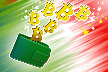 Poster - Bitcoin wallet. Cryptocurrency logos next to wallet. Wallet for blockchain currencies. Payments using bitcoin technology. Bitcoin exchange. Buying and selling electronic money. 3d rendering.