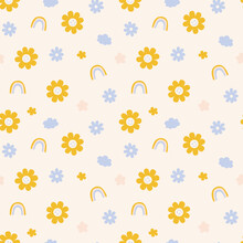 Retro Yellow Smiling Flower, Cloud, Rainbow Seamless Pattern. Smiling Positive Flowers Icon Texture All Over Print.