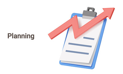 Poster - clipboard with sheets of paper and an arrow up. Planning. Checklist, plans. Productivity. Form. Isolated 3d object on a transparent background