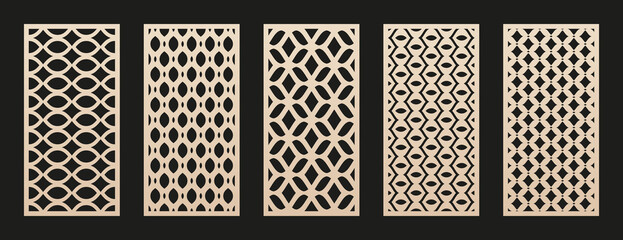 Aufkleber - Vector laser cut templates set. Modern abstract geometric panels with mesh, grid, lattice patterns. Oriental style ornaments. Template for cnc cutting of metal, wood, plastic, paper. Aspect ratio 1:2